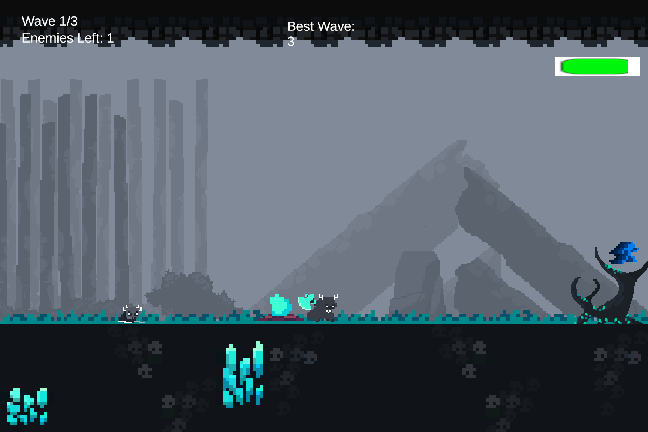 Guardian Unity wave fighter gameplay screenshot showing the wave counter, player, enemies, and boss health bar.