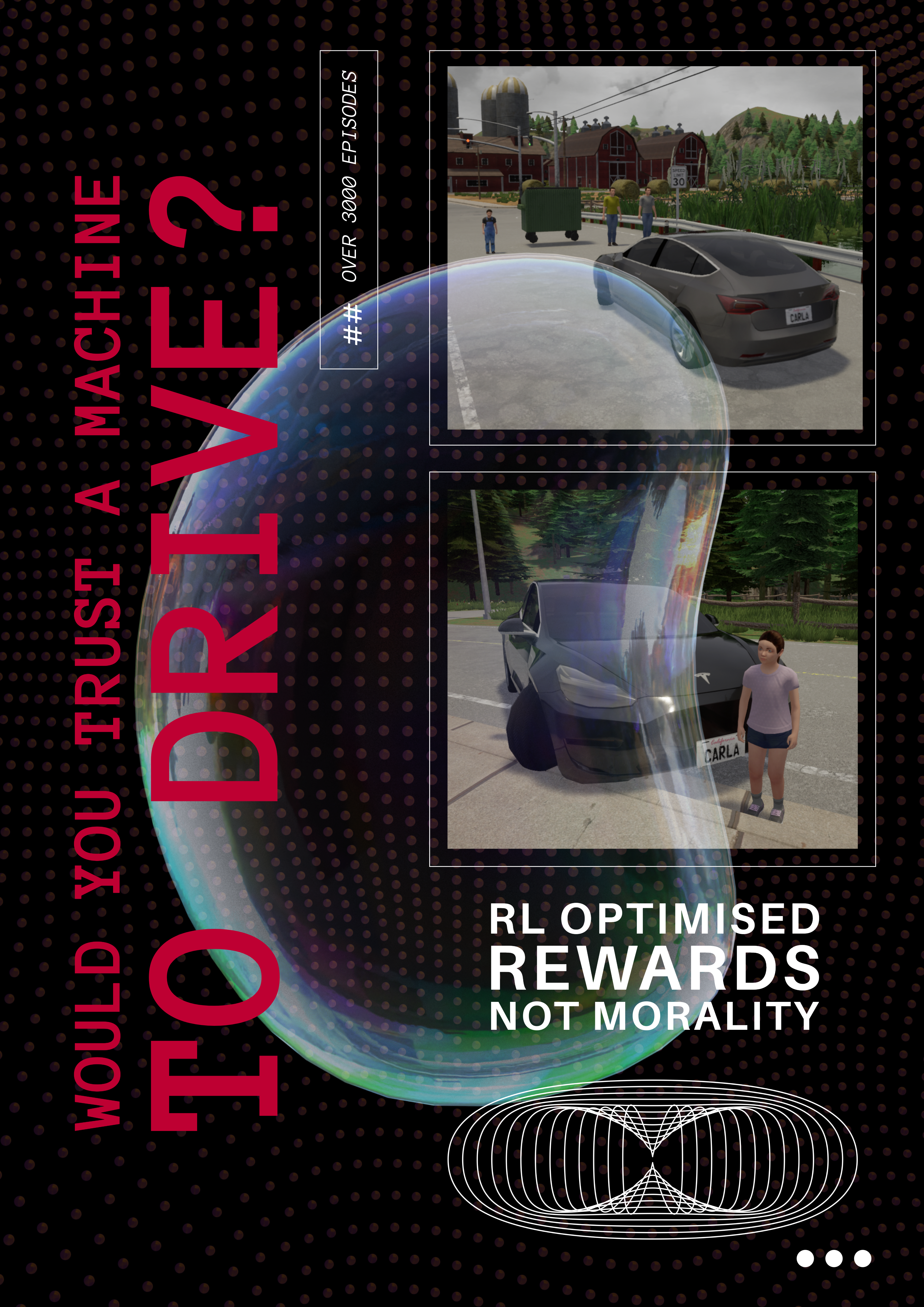 Alternative poster design for the dissertation project using CARLA simulation imagery and the phrase rewards not morality.