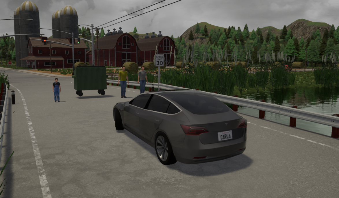 CARLA driving simulation scene showing an autonomous vehicle approaching an ethical driving scenario.