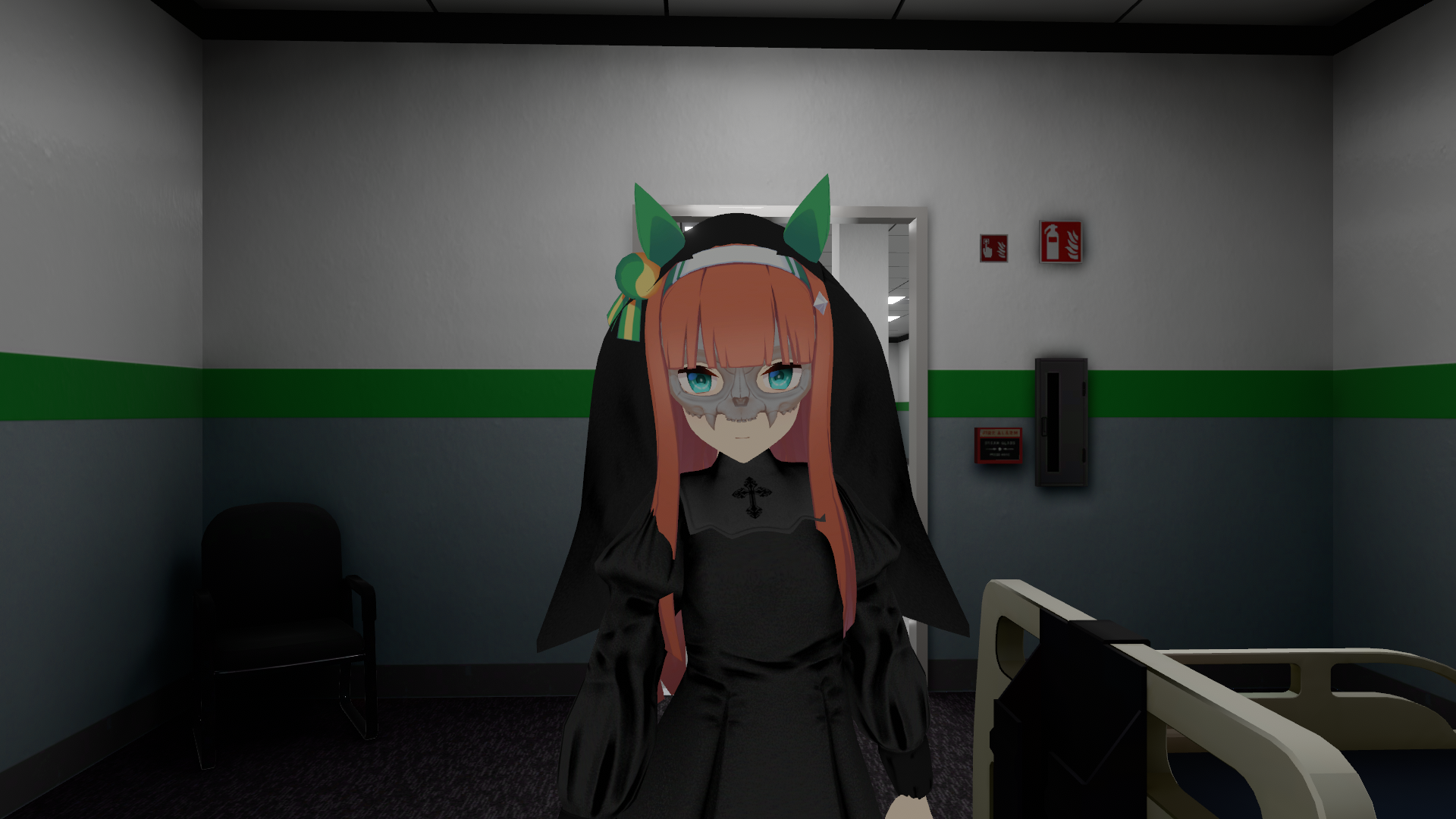 Modified avatar deployed in VRChat in a virtual room.