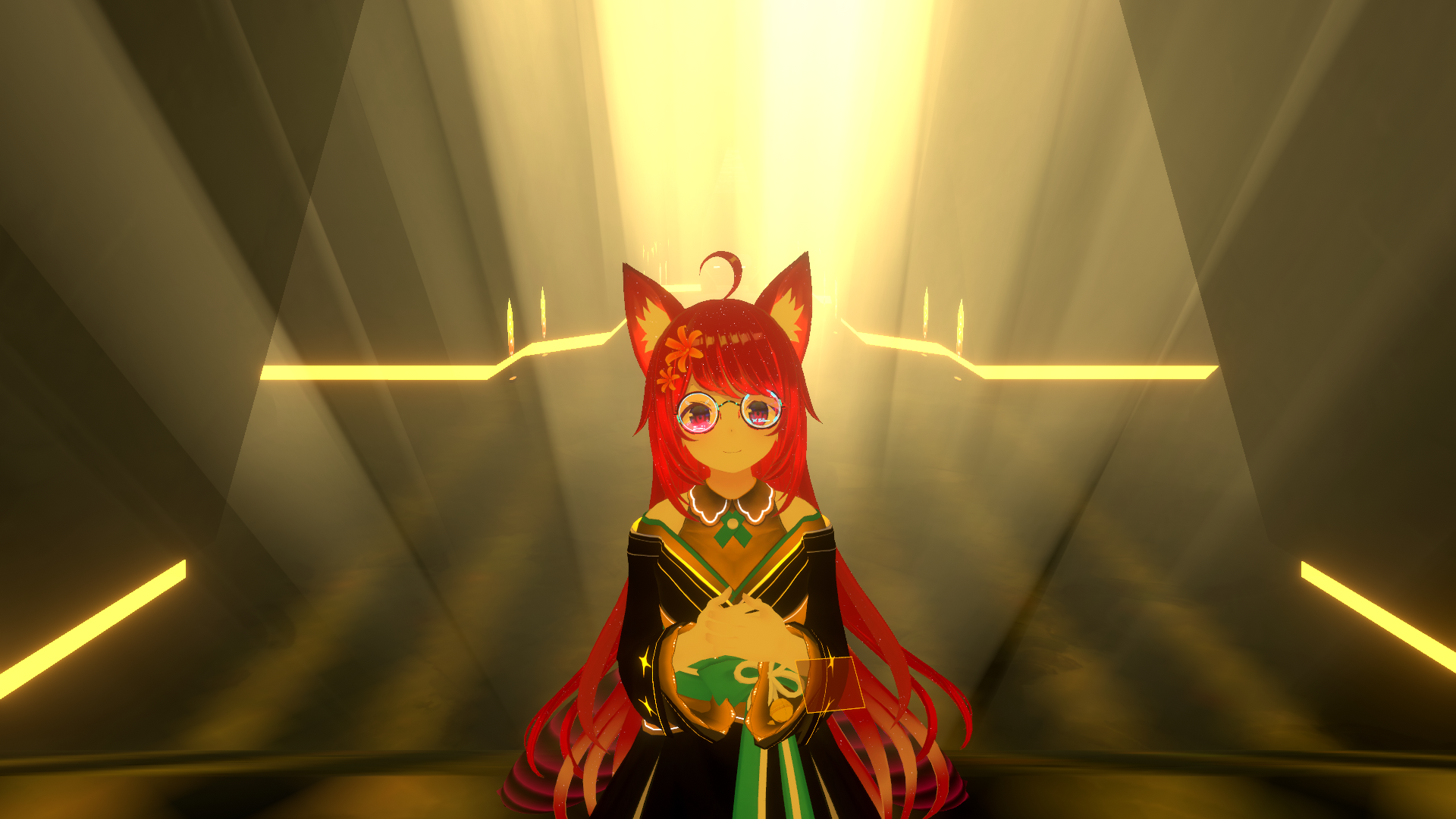 Modified VRChat avatar displayed in a lit virtual environment.