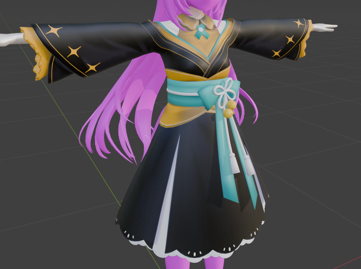 Blender workflow screenshot showing a modified avatar model and material settings.